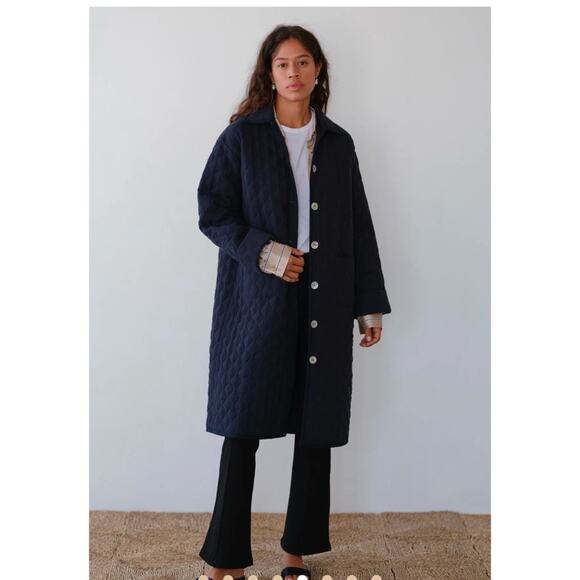 NEW DONNI.  Sz S The Quilted Long Coat in Navy Blue - Picture 1 of 8